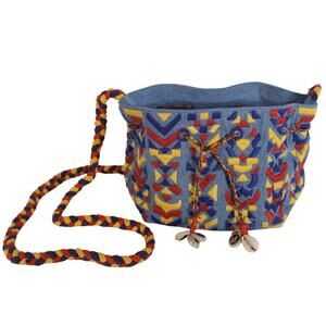 Lovestitch Boho Denim Embroidered Bucket Bag w/ Shells - Blue Denim - NWT